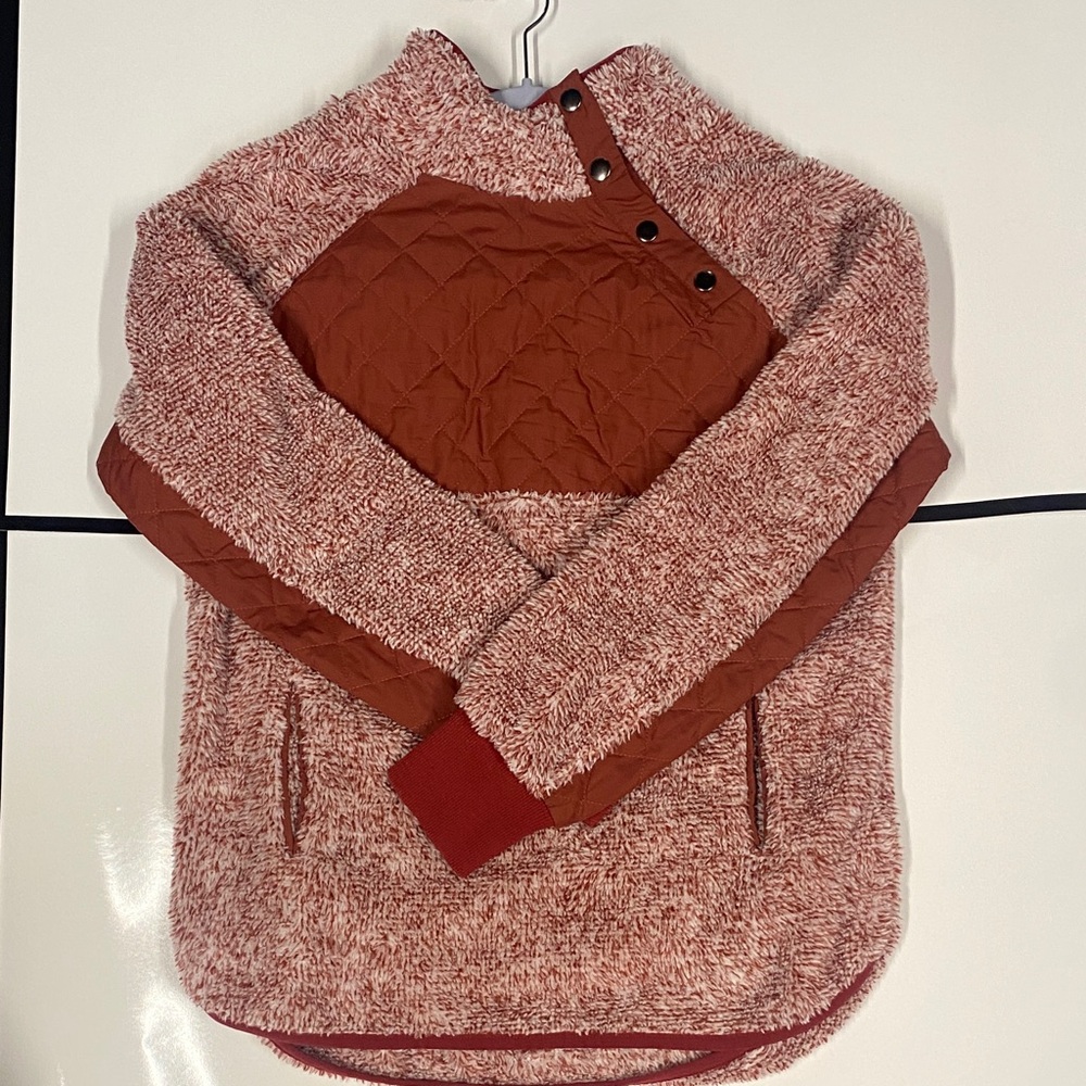 Red  Fleece Pullover with Quilted Detailed & Asymmetrical Neckline